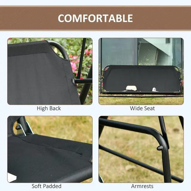Alt view image 5 of 6 - 3-Person Porch Swing with Stand, Outdoor Swing for Patio Porch with Adjustable Tilt Canopy and Comfortable Swing Bench-Style Seat, Steel Frame, Black
