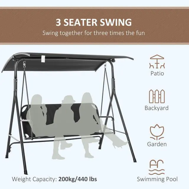 Alt view image 6 of 6 - 3-Person Porch Swing with Stand, Outdoor Swing for Patio Porch with Adjustable Tilt Canopy and Comfortable Swing Bench-Style Seat, Steel Frame, Black