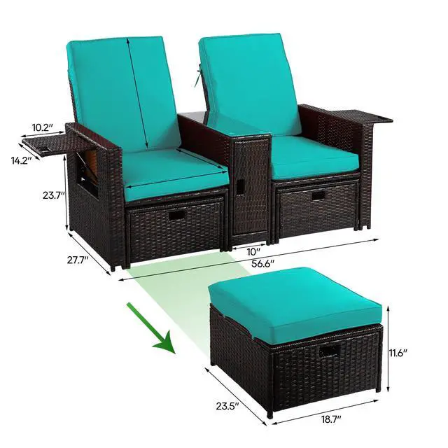 Alt view image 2 of 6 - Patio Wicker Loveseat Adjustable Lounge Chair with Ottoman Footrest, Wicker Furniture for Garden, Patio, Balcony, Beach, Coffee Bar, Deck