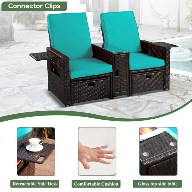 Alt view image 3 of 6 - Patio Wicker Loveseat Adjustable Lounge Chair with Ottoman Footrest, Wicker Furniture for Garden, Patio, Balcony, Beach, Coffee Bar, Deck
