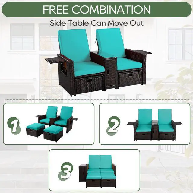 Alt view image 4 of 6 - Patio Wicker Loveseat Adjustable Lounge Chair with Ottoman Footrest, Wicker Furniture for Garden, Patio, Balcony, Beach, Coffee Bar, Deck