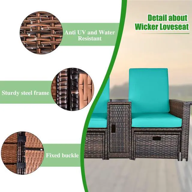 Alt view image 6 of 6 - Patio Wicker Loveseat Adjustable Lounge Chair with Ottoman Footrest, Wicker Furniture for Garden, Patio, Balcony, Beach, Coffee Bar, Deck