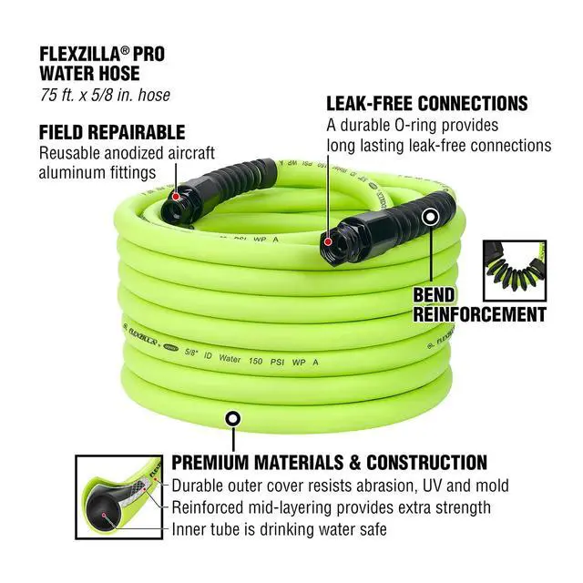 Alt view image 3 of 4 - Flexzilla Pro Water Hose with Reusable Fittings, 5/8 in. x 75 ft., Heavy Duty, Lightweight, Drinking Water Safe, ZillaGreen - HFZWP575-E
