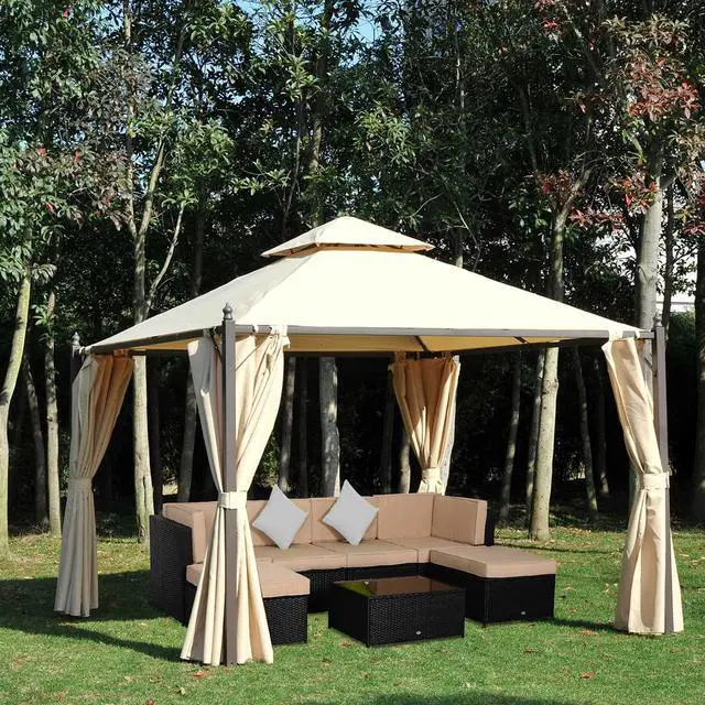 Alt view image 2 of 6 - 10' x 10' Steel Outdoor Patio Gazebo with Polyester Privacy Curtains, Two-Tier Roof for Air, Large Design