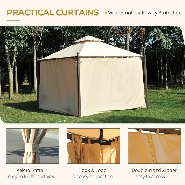 Alt view image 4 of 6 - 10' x 10' Steel Outdoor Patio Gazebo with Polyester Privacy Curtains, Two-Tier Roof for Air, Large Design