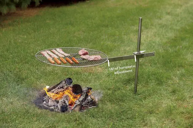 Alt view image 2 of 6 - Saucer X Campfire Grill | Premium Stainless Steel Campfire Grill | Portable Outdoor Cooking Gear for Camping and Backyard | 24" Cooking Grate | Self Pounding Stake | Made in the USA