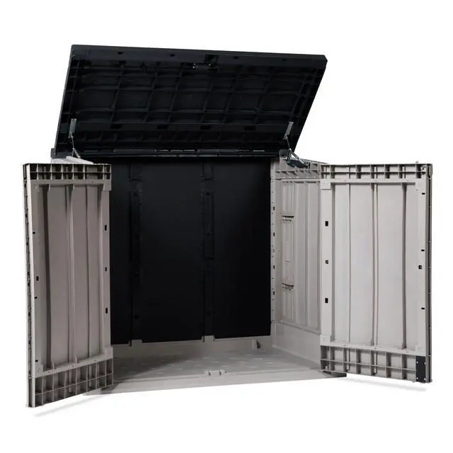 Alt view image 2 of 6 - Stora Way All Weather Outdoor XL Horizontal Storage Shed Cabinet for Trash Can, Garden Tools, and Yard Equipment, Taupe Gray and Anthracite