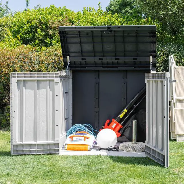 Alt view image 5 of 6 - Stora Way All Weather Outdoor XL Horizontal Storage Shed Cabinet for Trash Can, Garden Tools, and Yard Equipment, Taupe Gray and Anthracite