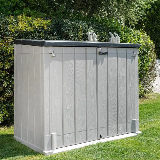 Alt view image 6 of 6 - Stora Way All Weather Outdoor XL Horizontal Storage Shed Cabinet for Trash Can, Garden Tools, and Yard Equipment, Taupe Gray and Anthracite
