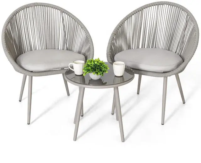 Main image of 3 Piece Outdoor Bistro Set, Woven Rope Conversation Patio Set, All Weather Patio Furniture Chairs and Table with Cushions for Garden, Deck, Backyard, Balcony, Porch, Beige