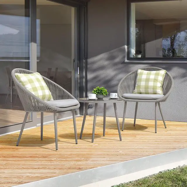 Alt view image 2 of 6 - 3 Piece Outdoor Bistro Set, Woven Rope Conversation Patio Set, All Weather Patio Furniture Chairs and Table with Cushions for Garden, Deck, Backyard, Balcony, Porch, Beige