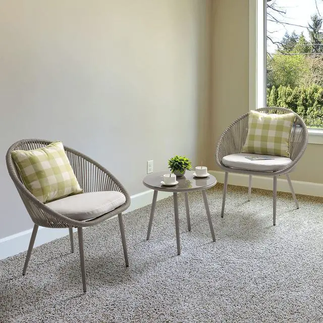 Alt view image 3 of 6 - 3 Piece Outdoor Bistro Set, Woven Rope Conversation Patio Set, All Weather Patio Furniture Chairs and Table with Cushions for Garden, Deck, Backyard, Balcony, Porch, Beige