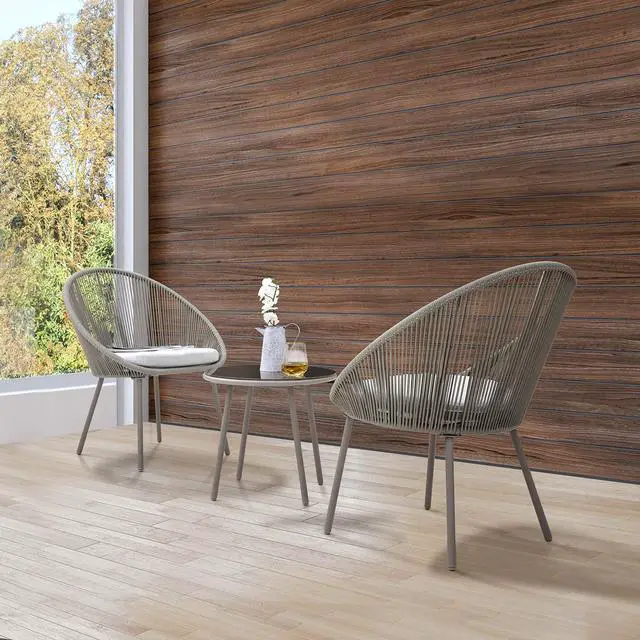 Alt view image 4 of 6 - 3 Piece Outdoor Bistro Set, Woven Rope Conversation Patio Set, All Weather Patio Furniture Chairs and Table with Cushions for Garden, Deck, Backyard, Balcony, Porch, Beige