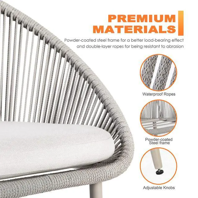 Alt view image 5 of 6 - 3 Piece Outdoor Bistro Set, Woven Rope Conversation Patio Set, All Weather Patio Furniture Chairs and Table with Cushions for Garden, Deck, Backyard, Balcony, Porch, Beige