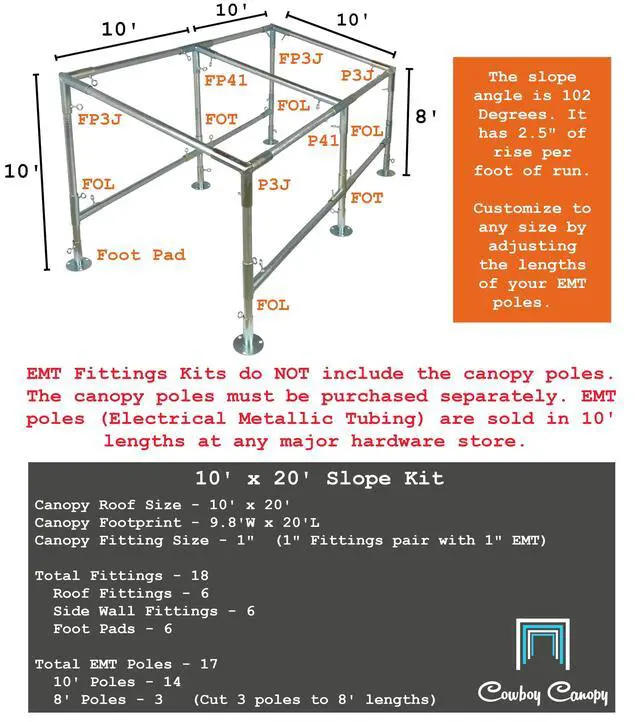 Alt view image 6 of 6 - 10' x 20' Slope, Lean-to Canopy Fittings Kits, DIY Metal Carport Frame Parts, 1" EMT