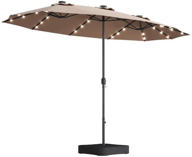 Main image of 15 Ft Solar Patio Umbrella with Base, Extra Large Outdoor Double-Sided Twin Umbrella with 36 LED Lights & Crank Handle for Garden, Deck, Poolside, Patio (Tan)