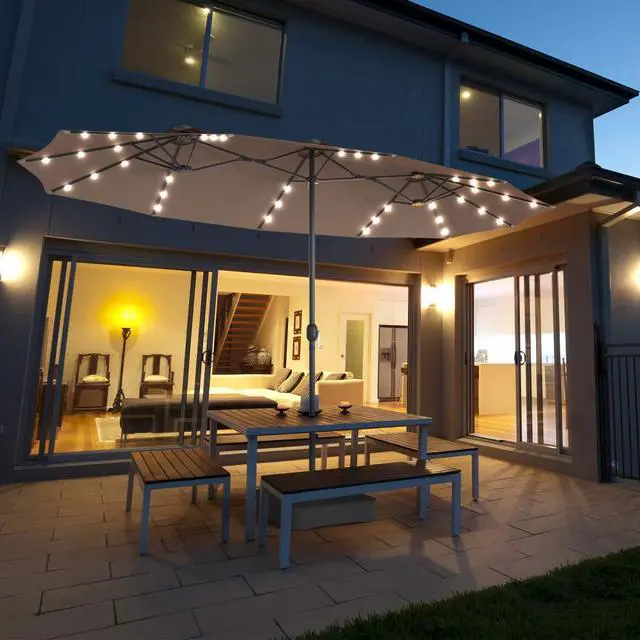 Alt view image 2 of 6 - 15 Ft Solar Patio Umbrella with Base, Extra Large Outdoor Double-Sided Twin Umbrella with 36 LED Lights & Crank Handle for Garden, Deck, Poolside, Patio (Tan)