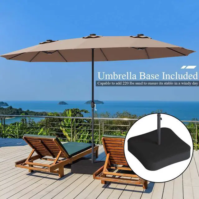 Alt view image 4 of 6 - 15 Ft Solar Patio Umbrella with Base, Extra Large Outdoor Double-Sided Twin Umbrella with 36 LED Lights & Crank Handle for Garden, Deck, Poolside, Patio (Tan)
