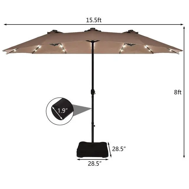 Alt view image 5 of 6 - 15 Ft Solar Patio Umbrella with Base, Extra Large Outdoor Double-Sided Twin Umbrella with 36 LED Lights & Crank Handle for Garden, Deck, Poolside, Patio (Tan)