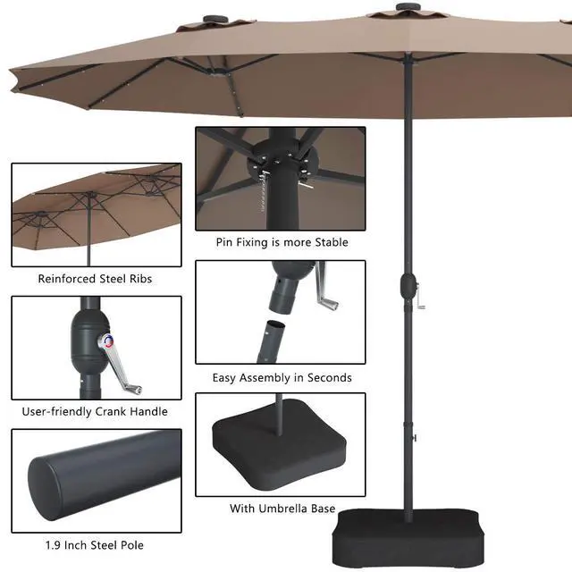 Alt view image 6 of 6 - 15 Ft Solar Patio Umbrella with Base, Extra Large Outdoor Double-Sided Twin Umbrella with 36 LED Lights & Crank Handle for Garden, Deck, Poolside, Patio (Tan)