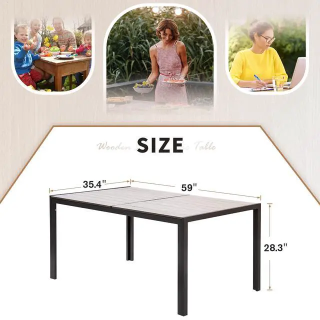 Alt view image 3 of 6 - Patio Dining Table for 6 Outdoor Patio Table 59" x 35" Weather-Resistant Rectangular Table for Deck, Garden, Backyard