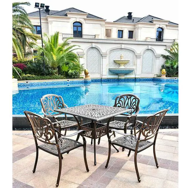Alt view image 2 of 6 - 35.4" Outdoor Patio Bistro Dining Square Table Weather Resistant Cast Aluminum Conversation Table with 2.2" Umbrella Hole for Backyard, Garden, Poolside, Balcony(Retro)