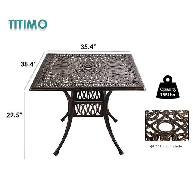 Alt view image 3 of 6 - 35.4" Outdoor Patio Bistro Dining Square Table Weather Resistant Cast Aluminum Conversation Table with 2.2" Umbrella Hole for Backyard, Garden, Poolside, Balcony(Retro)