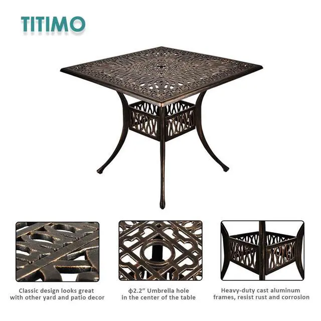 Alt view image 5 of 6 - 35.4" Outdoor Patio Bistro Dining Square Table Weather Resistant Cast Aluminum Conversation Table with 2.2" Umbrella Hole for Backyard, Garden, Poolside, Balcony(Retro)