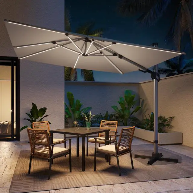 Main image of Outdoor Patio Umbrella with Solar Lights, 10 FT Large Cantilever Umbrella Windproof Offset Patio Umbrellas for Garden, Deck, Lawn, Pool, Backyard (Square, Gray)