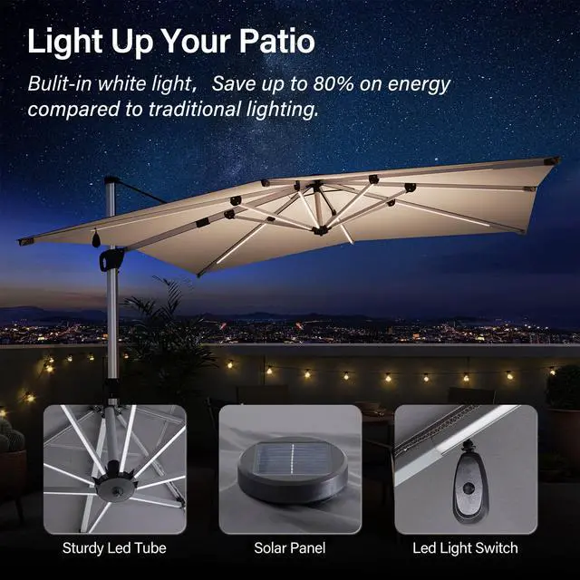 Alt view image 2 of 6 - Outdoor Patio Umbrella with Solar Lights, 10 FT Large Cantilever Umbrella Windproof Offset Patio Umbrellas for Garden, Deck, Lawn, Pool, Backyard (Square, Gray)