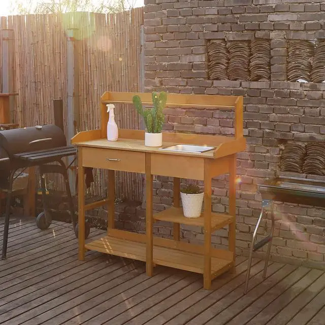 Alt view image 2 of 6 - Potting Bench Garden Table for Outdoors with Removable Stainless Sink, Planting Work Bench with Storage Shelves and Drawer, Natural Wood