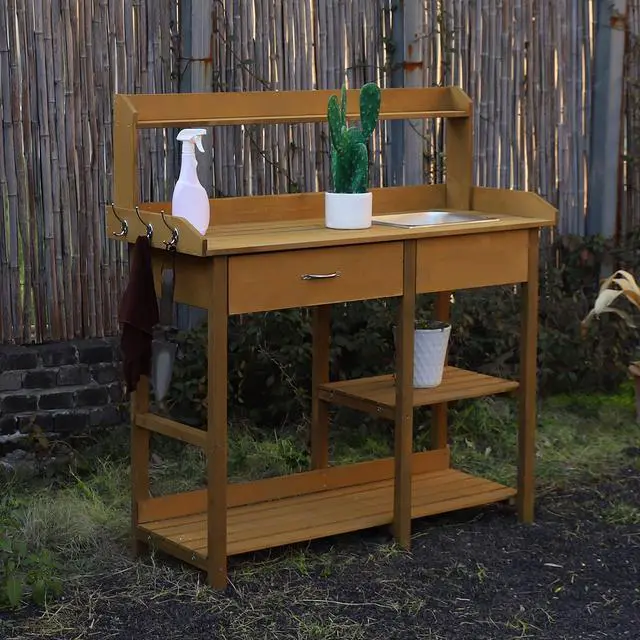 Alt view image 3 of 6 - Potting Bench Garden Table for Outdoors with Removable Stainless Sink, Planting Work Bench with Storage Shelves and Drawer, Natural Wood
