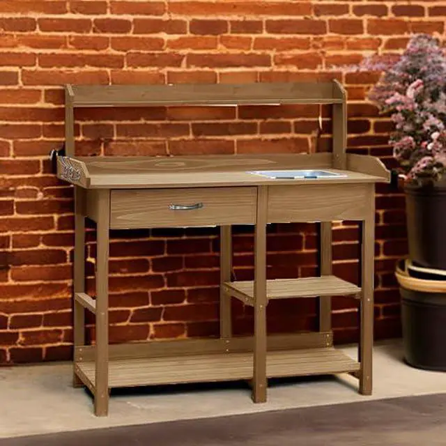 Alt view image 5 of 6 - Potting Bench Garden Table for Outdoors with Removable Stainless Sink, Planting Work Bench with Storage Shelves and Drawer, Natural Wood