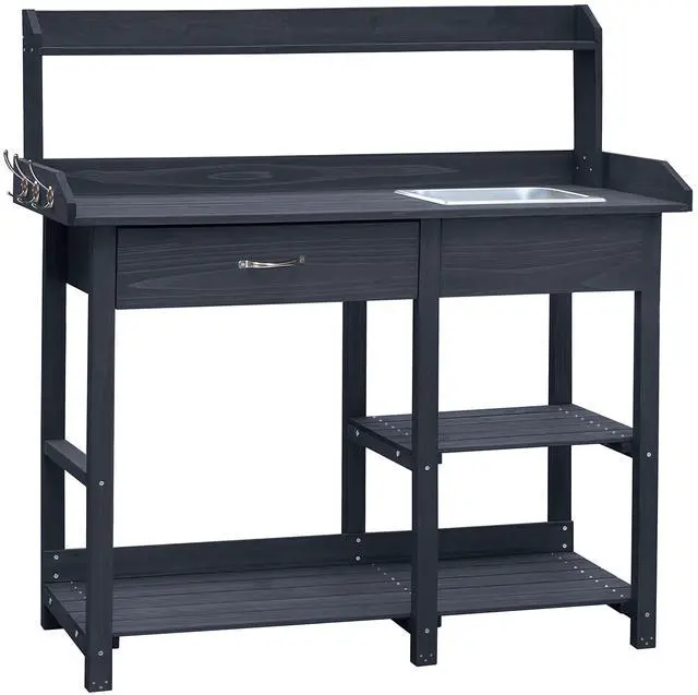 Main image of Potting Bench Garden Table for Outdoors with Removable Stainless Sink, Planting Work Bench with Storage Shelves and Drawer, Grey