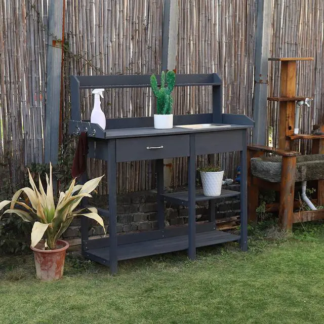 Alt view image 2 of 6 - Potting Bench Garden Table for Outdoors with Removable Stainless Sink, Planting Work Bench with Storage Shelves and Drawer, Grey