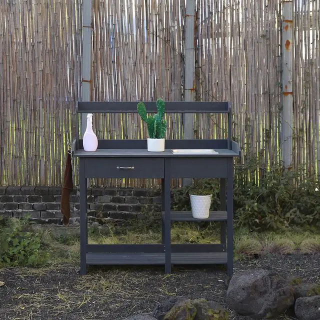Alt view image 3 of 6 - Potting Bench Garden Table for Outdoors with Removable Stainless Sink, Planting Work Bench with Storage Shelves and Drawer, Grey