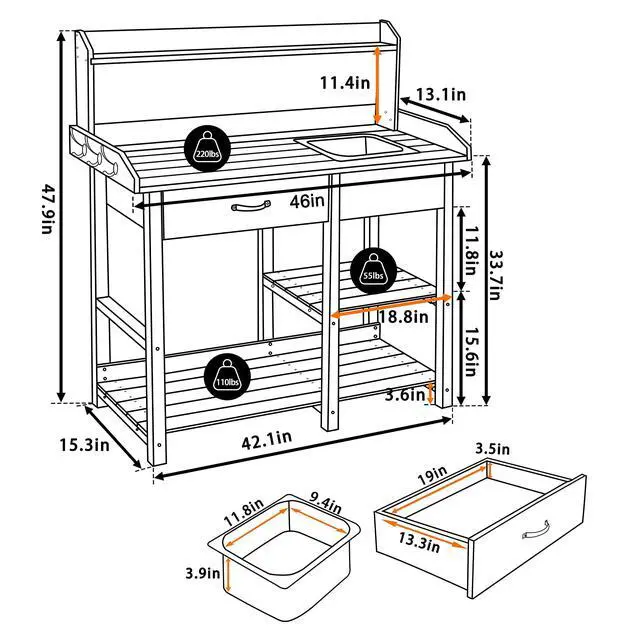 Alt view image 6 of 6 - Potting Bench Garden Table for Outdoors with Removable Stainless Sink, Planting Work Bench with Storage Shelves and Drawer, Grey