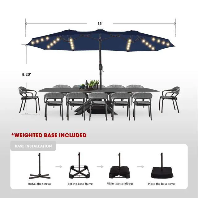 Alt view image 2 of 6 - 15ft Large Patio Umbrellas with Base Included, Outdoor Double-Sided Umbrella with Crank Handle, Powerful UV Protective, for Pool Lawn Garden (Navy Blue)