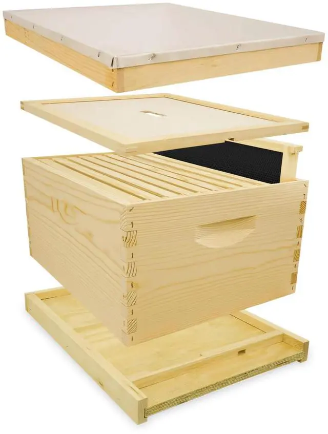Main image of Traditional Complete Bee Hive Kit, 9" Deep Hive Body with 10 Frames, Beeswax Coated Food-Grade Plastic Foundation, Weather Resistant Telescoping Cover & Bottom Board, Made in USA, Unpainted