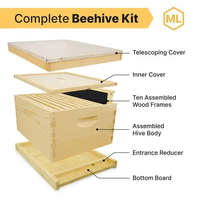 Alt view image 2 of 6 - Traditional Complete Bee Hive Kit, 9" Deep Hive Body with 10 Frames, Beeswax Coated Food-Grade Plastic Foundation, Weather Resistant Telescoping Cover & Bottom Board, Made in USA, Unpainted