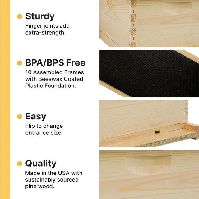 Alt view image 4 of 6 - Traditional Complete Bee Hive Kit, 9" Deep Hive Body with 10 Frames, Beeswax Coated Food-Grade Plastic Foundation, Weather Resistant Telescoping Cover & Bottom Board, Made in USA, Unpainted