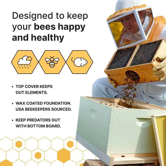Alt view image 5 of 6 - Traditional Complete Bee Hive Kit, 9" Deep Hive Body with 10 Frames, Beeswax Coated Food-Grade Plastic Foundation, Weather Resistant Telescoping Cover & Bottom Board, Made in USA, Unpainted
