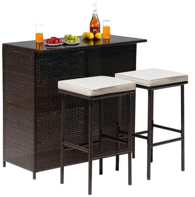 Main image of Wicker Patio Furniture 3 Piece Patio Bar Table Set Chairs Wicker Outdoor Rattan Bistro Set Glass Top Table and Two Stools for Yard or Backyard