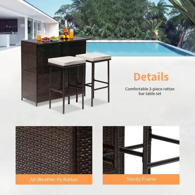 Alt view image 2 of 6 - Wicker Patio Furniture 3 Piece Patio Bar Table Set Chairs Wicker Outdoor Rattan Bistro Set Glass Top Table and Two Stools for Yard or Backyard