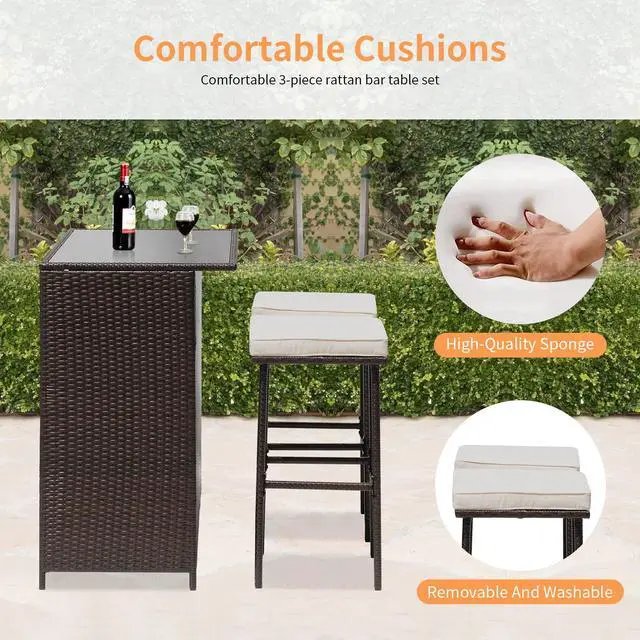 Alt view image 3 of 6 - Wicker Patio Furniture 3 Piece Patio Bar Table Set Chairs Wicker Outdoor Rattan Bistro Set Glass Top Table and Two Stools for Yard or Backyard