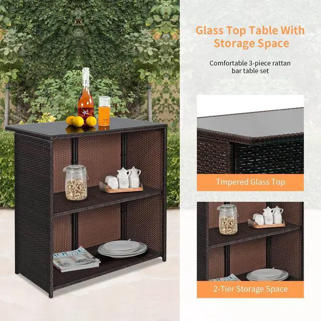 Alt view image 4 of 6 - Wicker Patio Furniture 3 Piece Patio Bar Table Set Chairs Wicker Outdoor Rattan Bistro Set Glass Top Table and Two Stools for Yard or Backyard