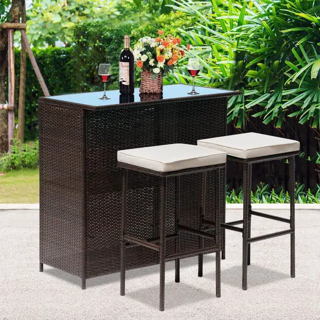 Alt view image 5 of 6 - Wicker Patio Furniture 3 Piece Patio Bar Table Set Chairs Wicker Outdoor Rattan Bistro Set Glass Top Table and Two Stools for Yard or Backyard