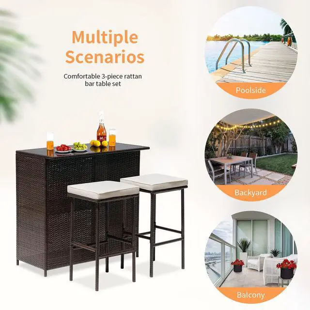 Alt view image 6 of 6 - Wicker Patio Furniture 3 Piece Patio Bar Table Set Chairs Wicker Outdoor Rattan Bistro Set Glass Top Table and Two Stools for Yard or Backyard