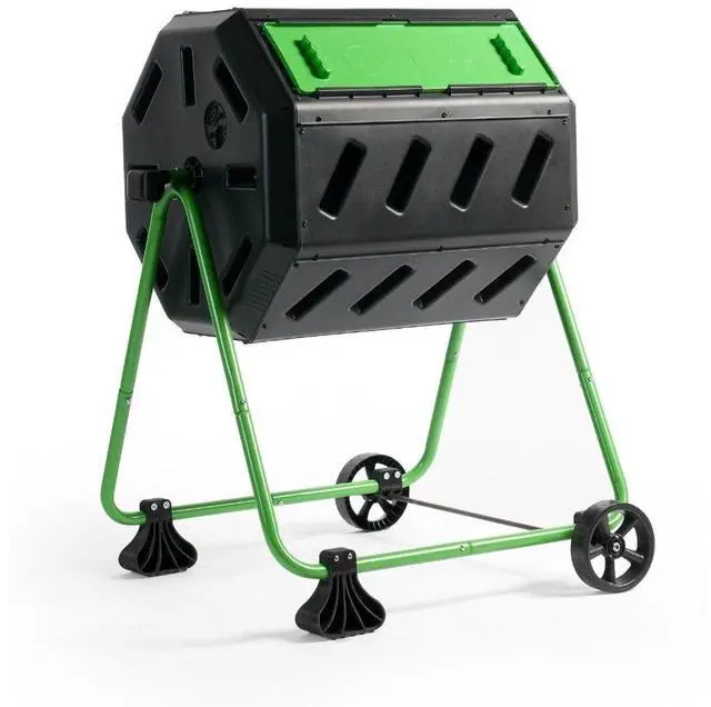 Main image of HOTFROG Mobile Dual Chamber Tumbling Composter with Wheels - Outdoor Rotating Garden Compost Bin (HF-IM4000-WK) Black & Green (37-Gallon)