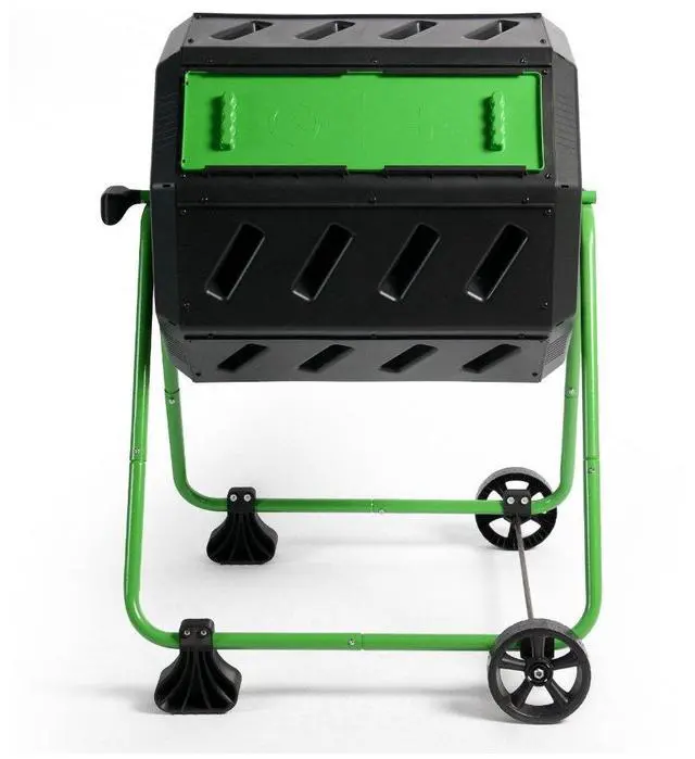 Alt view image 2 of 6 - HOTFROG Mobile Dual Chamber Tumbling Composter with Wheels - Outdoor Rotating Garden Compost Bin (HF-IM4000-WK) Black & Green (37-Gallon)